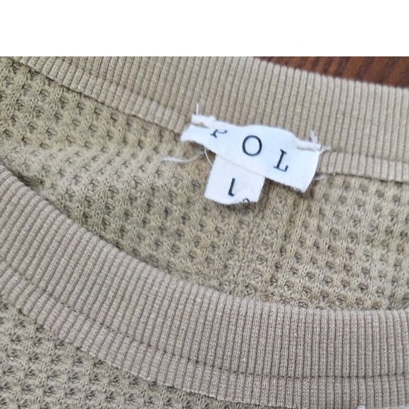 POL light tan Peace Sign Patchwork long sleeve boho hippie top Size Large - Picture 7 of 10